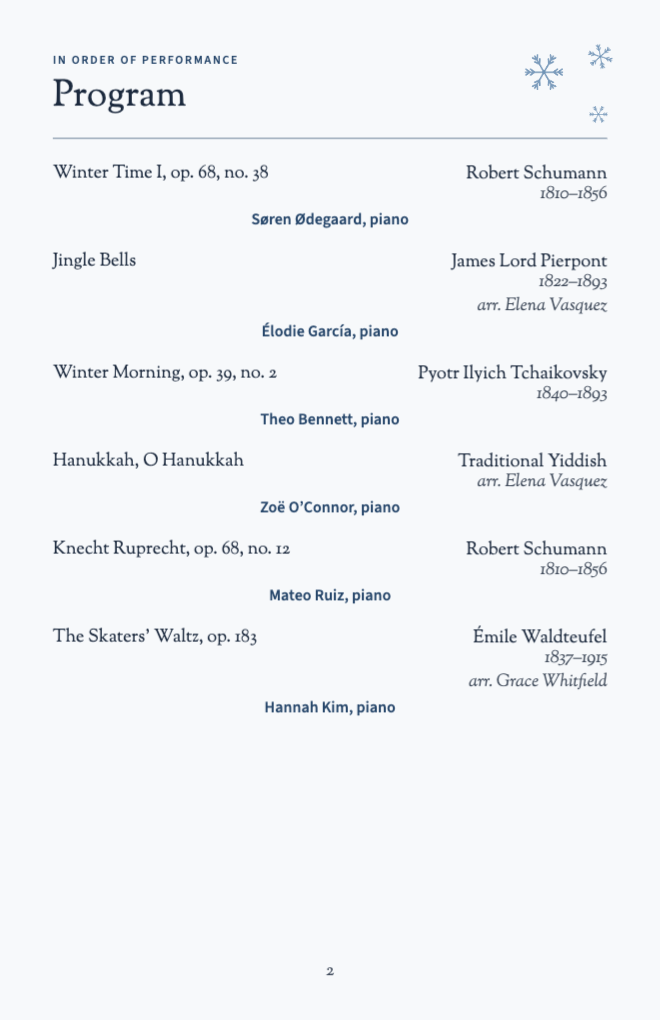 Program page: six winter pieces with composer, dates, arranger and performer