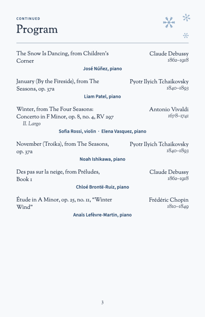 Program page continued: six more pieces including a violin piece with accompanist