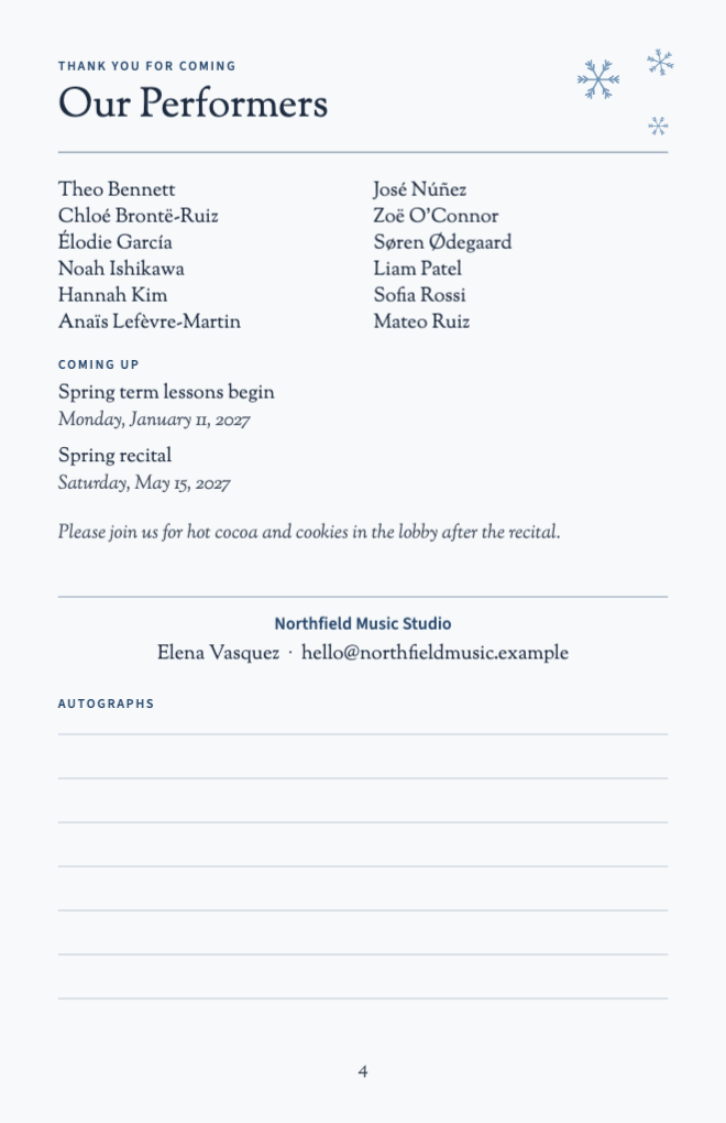 Back page with performers, coming events and the studio