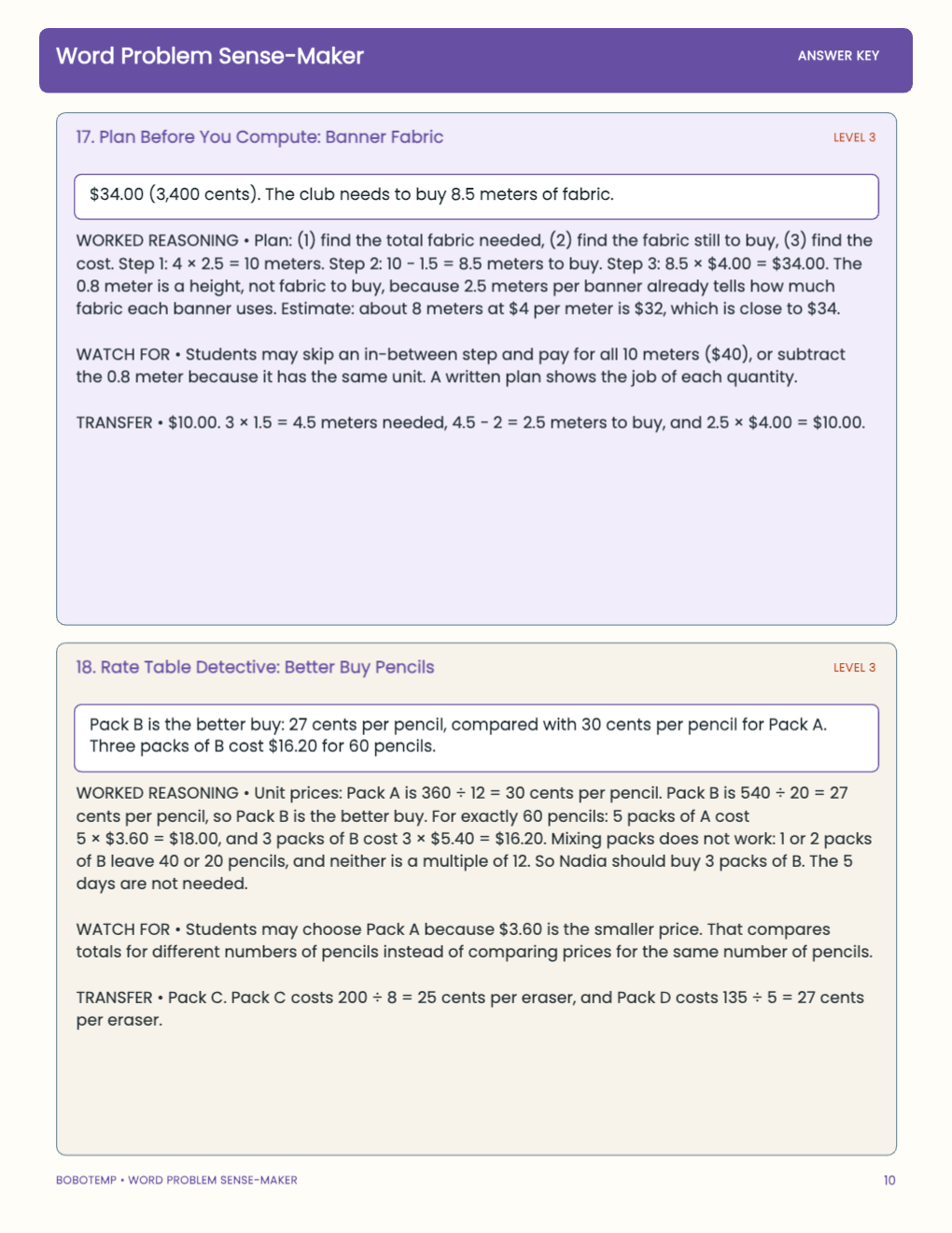 Word Problem Sense-Maker worked answer page