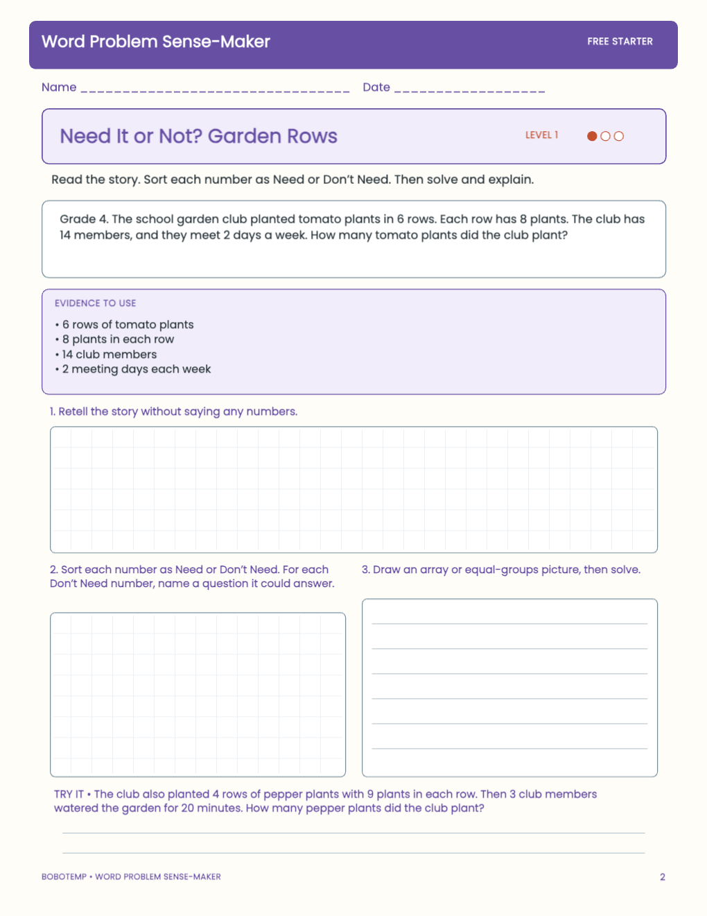 Word Problem Sense-Maker free activity page 1