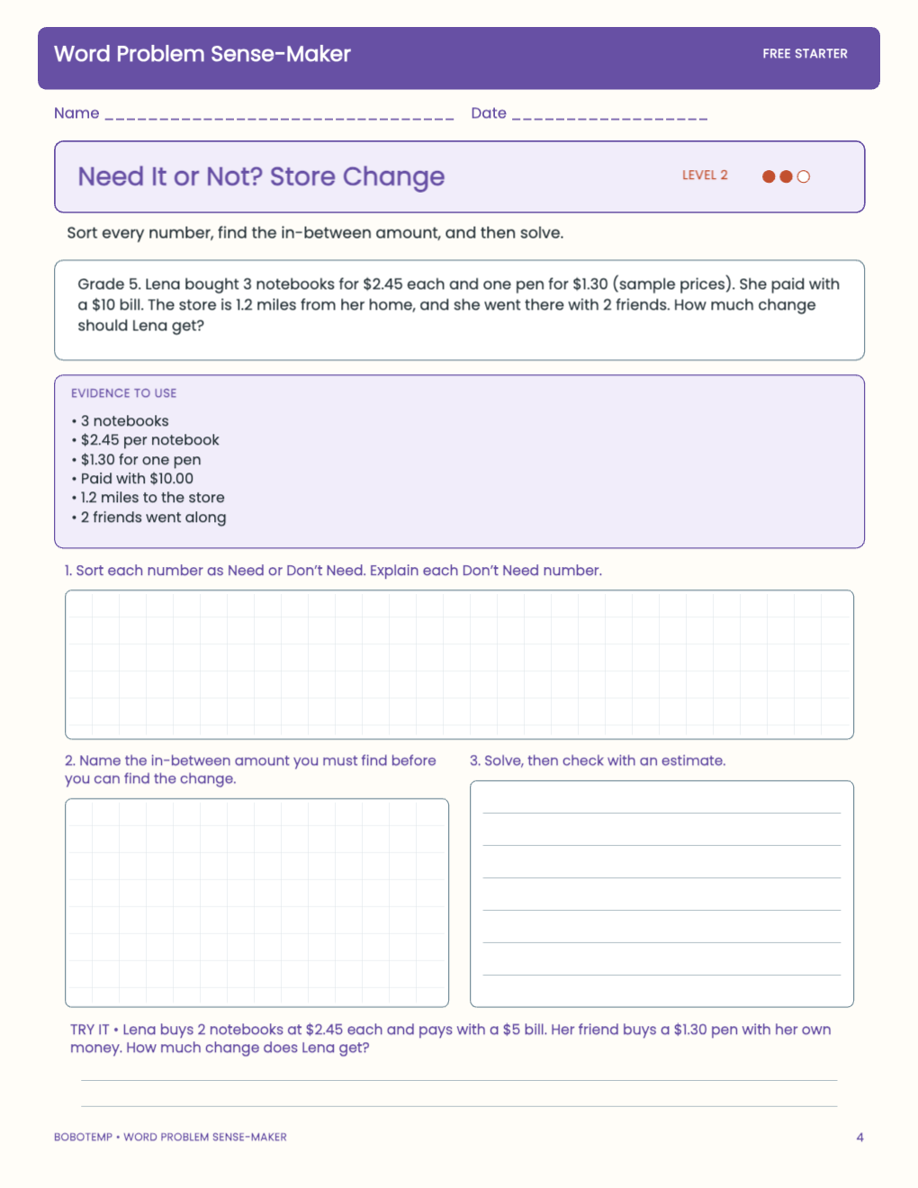 Word Problem Sense-Maker free activity page 3