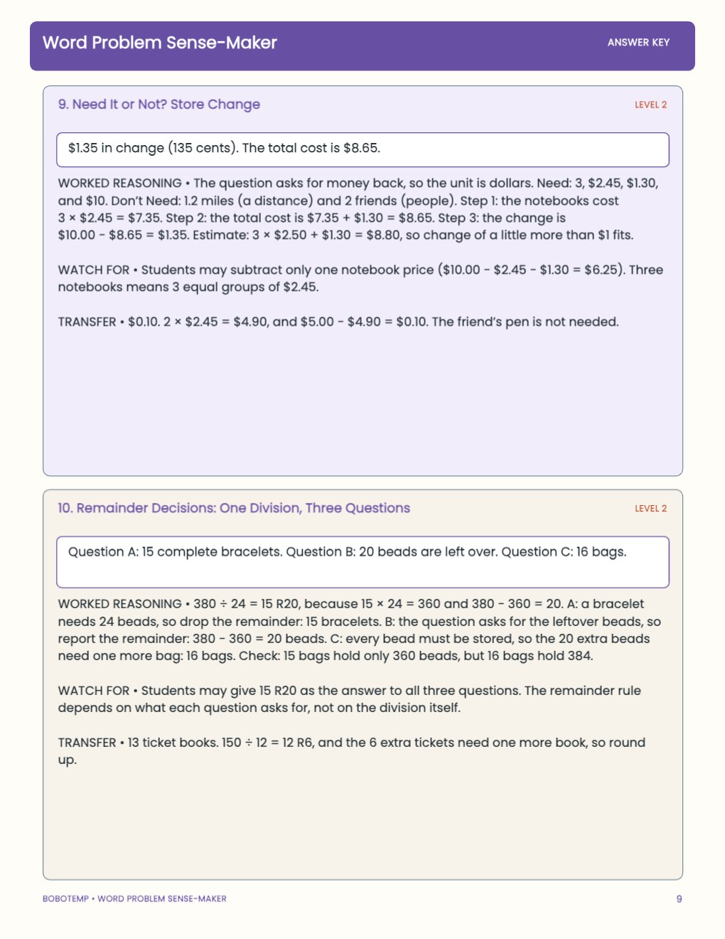 Word Problem Sense-Maker worked answer page