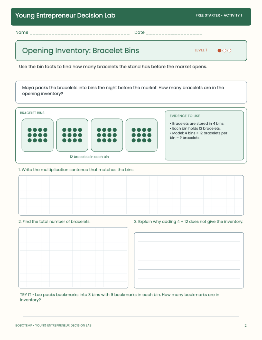 Young Entrepreneur Decision Lab free activity page 1