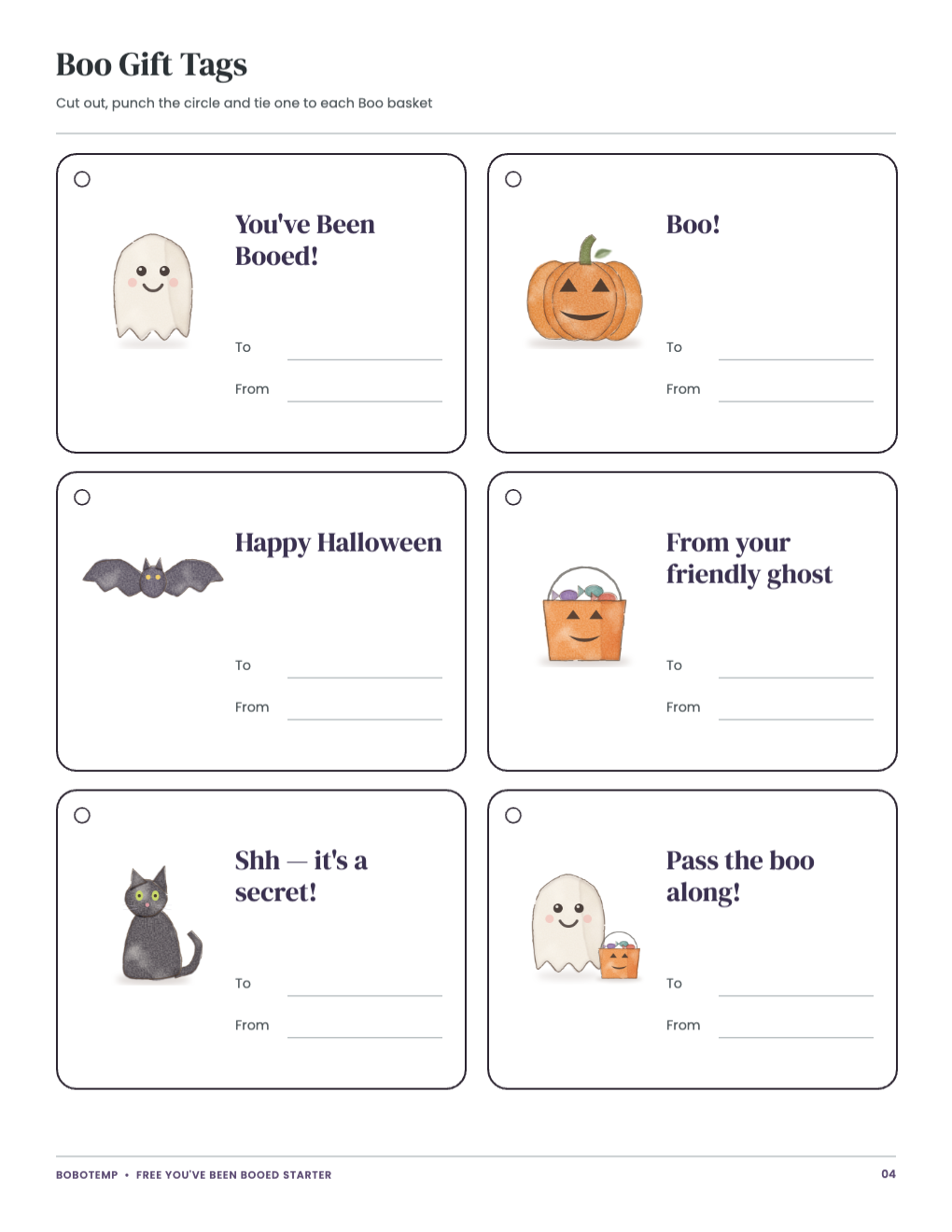 Six Boo gift tags with To and From lines