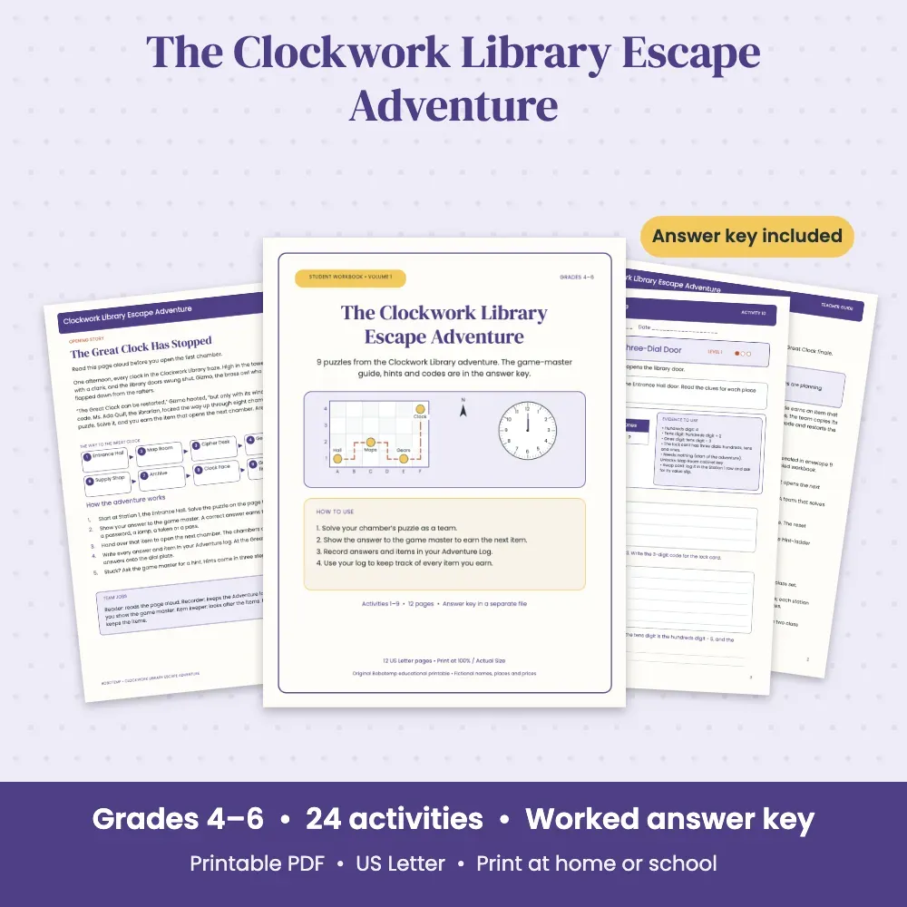 Clockwork Library Escape Adventure — 24 Printable Activities, Grades 4 ...