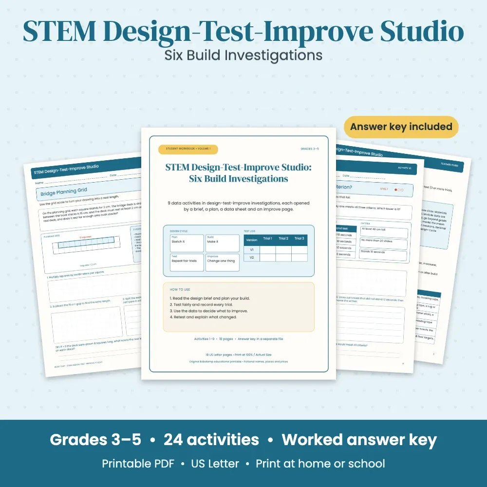 STEM Design-Test-Improve Studio — 24 Printable Activities, Grades 3–5 ...