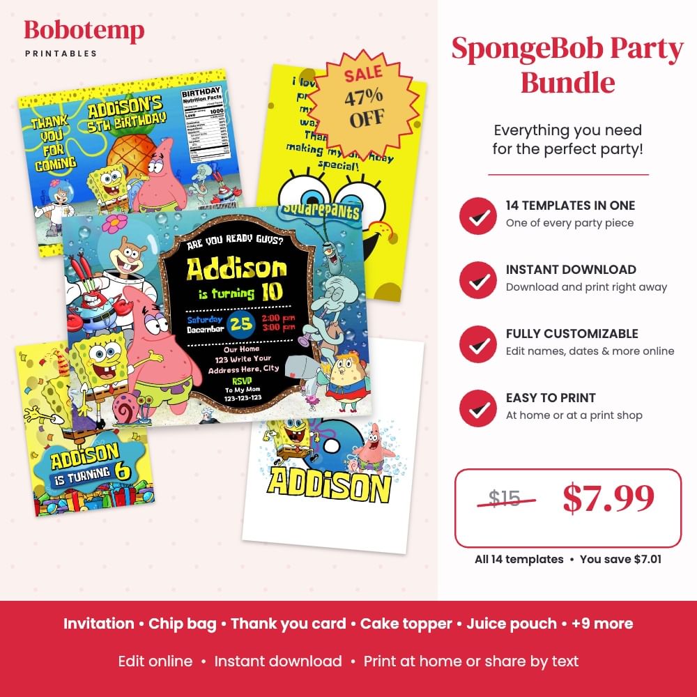 SpongeBob Party Bundle – 14 Editable Templates | Bobotemp Shop