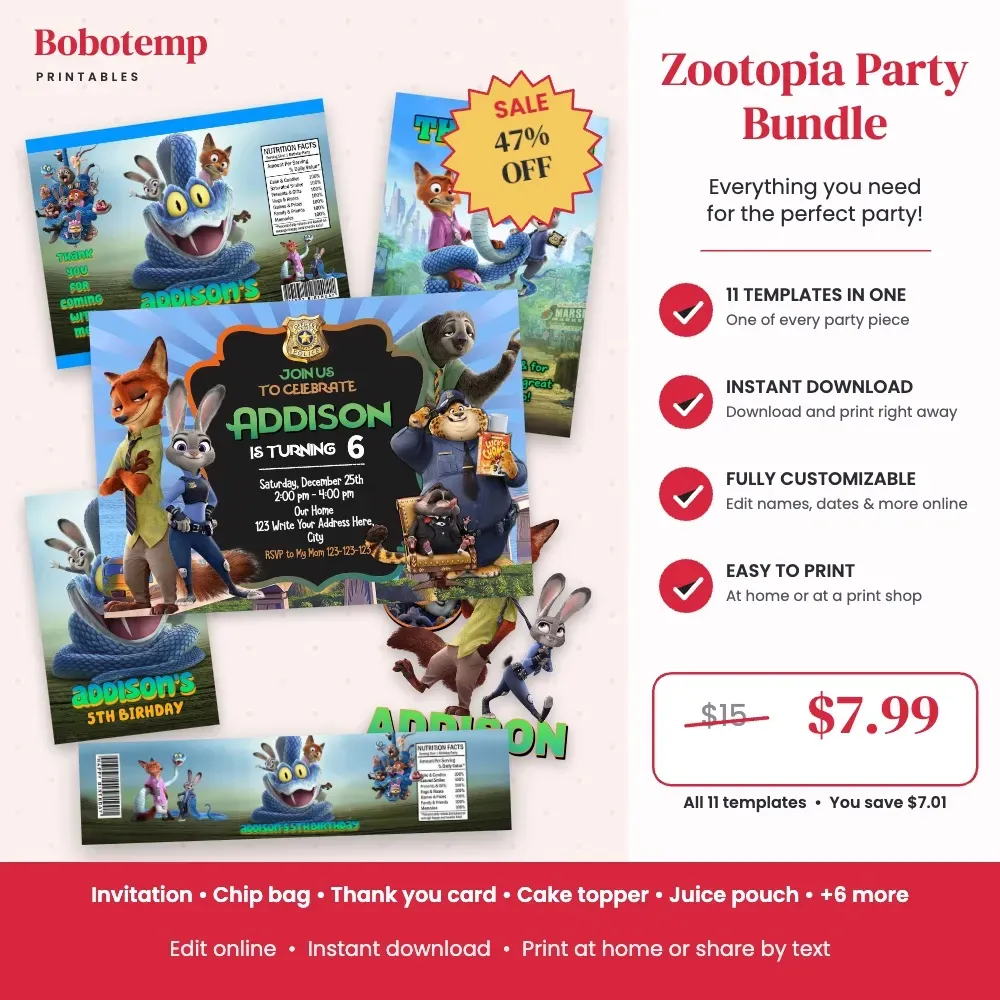 Zootopia Party Bundle – 11 Editable Templates | Bobotemp Shop