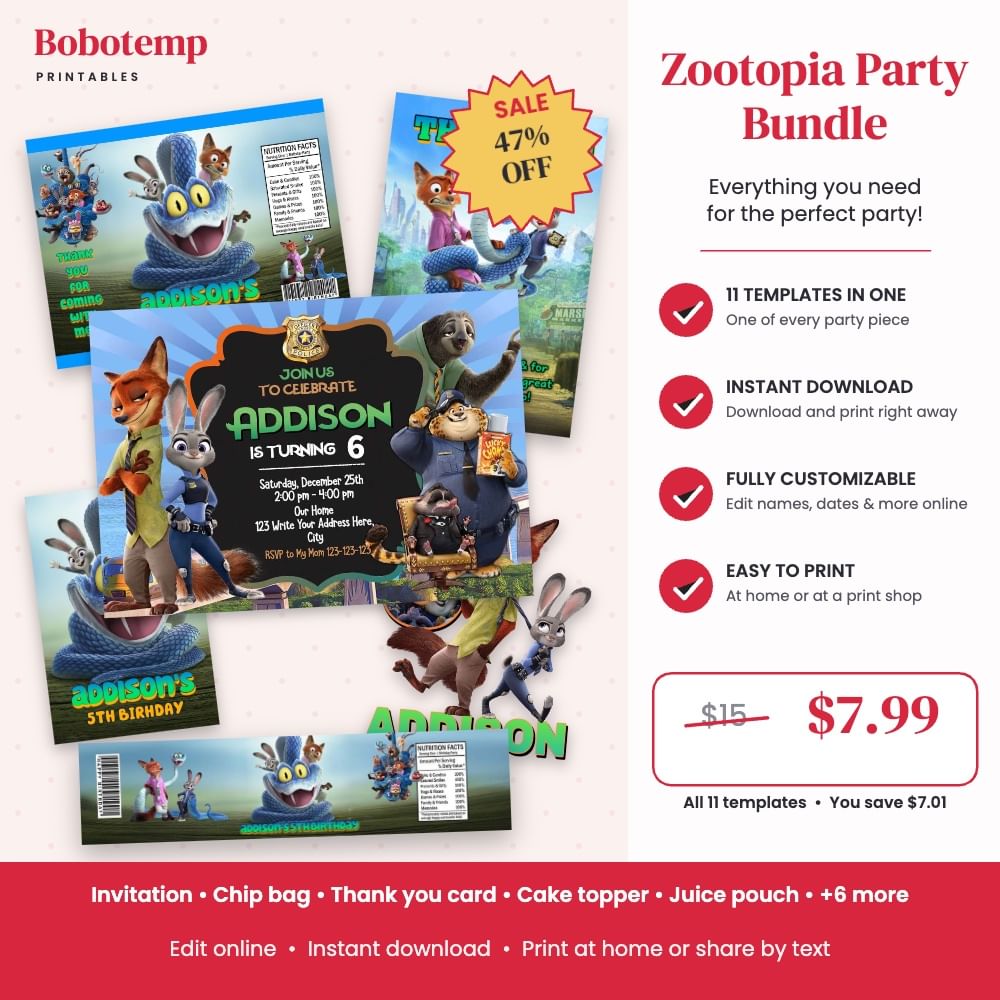 Zootopia Party Bundle – 11 Editable Templates | Bobotemp Shop