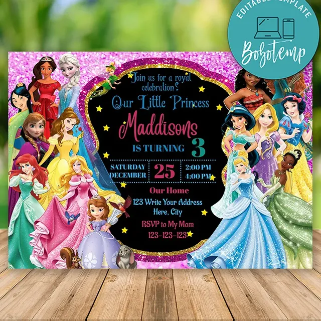 princess dress invitation Editable Disney Princess Party Invitation Print at Home