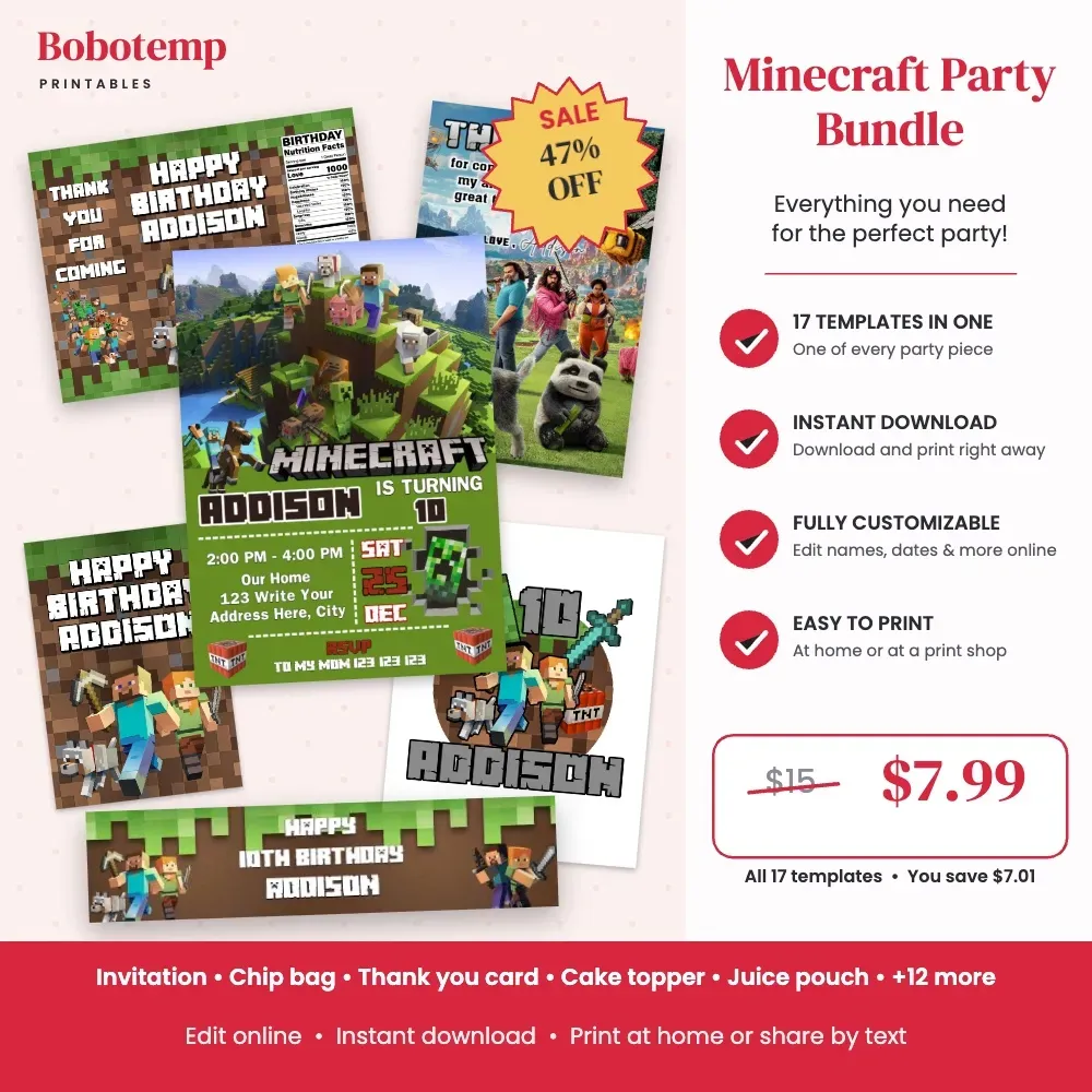 Minecraft Party Bundle – 17 Editable Templates | Bobotemp Shop