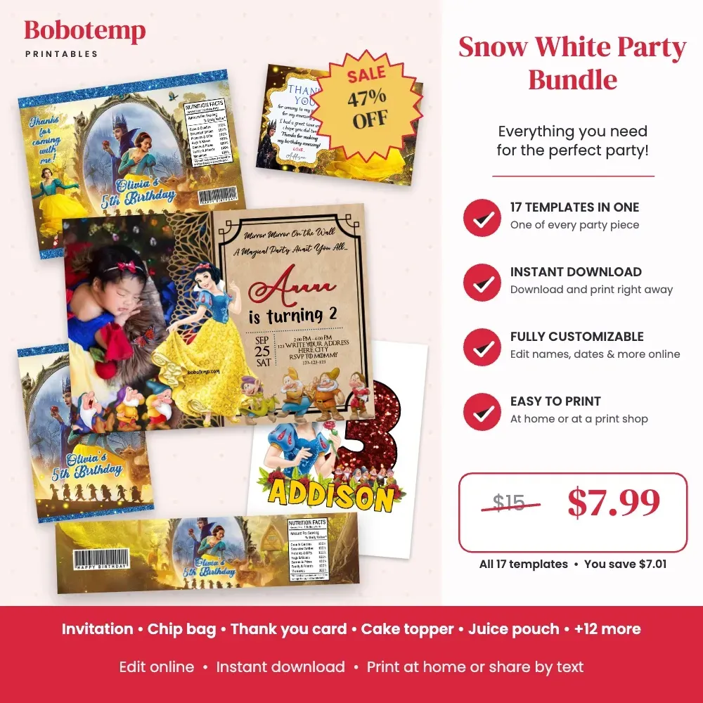 Snow White Party Bundle – 17 Editable Templates | Bobotemp Shop