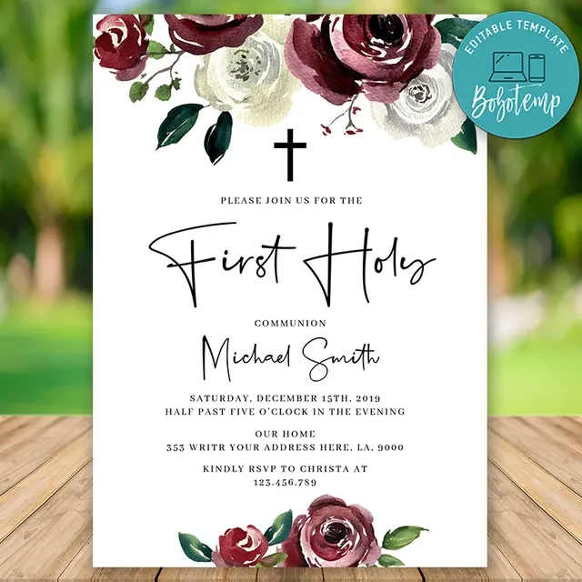 first holy communion invitation card editable Editable Burgundy Floral First Holy Communion Invitation Template