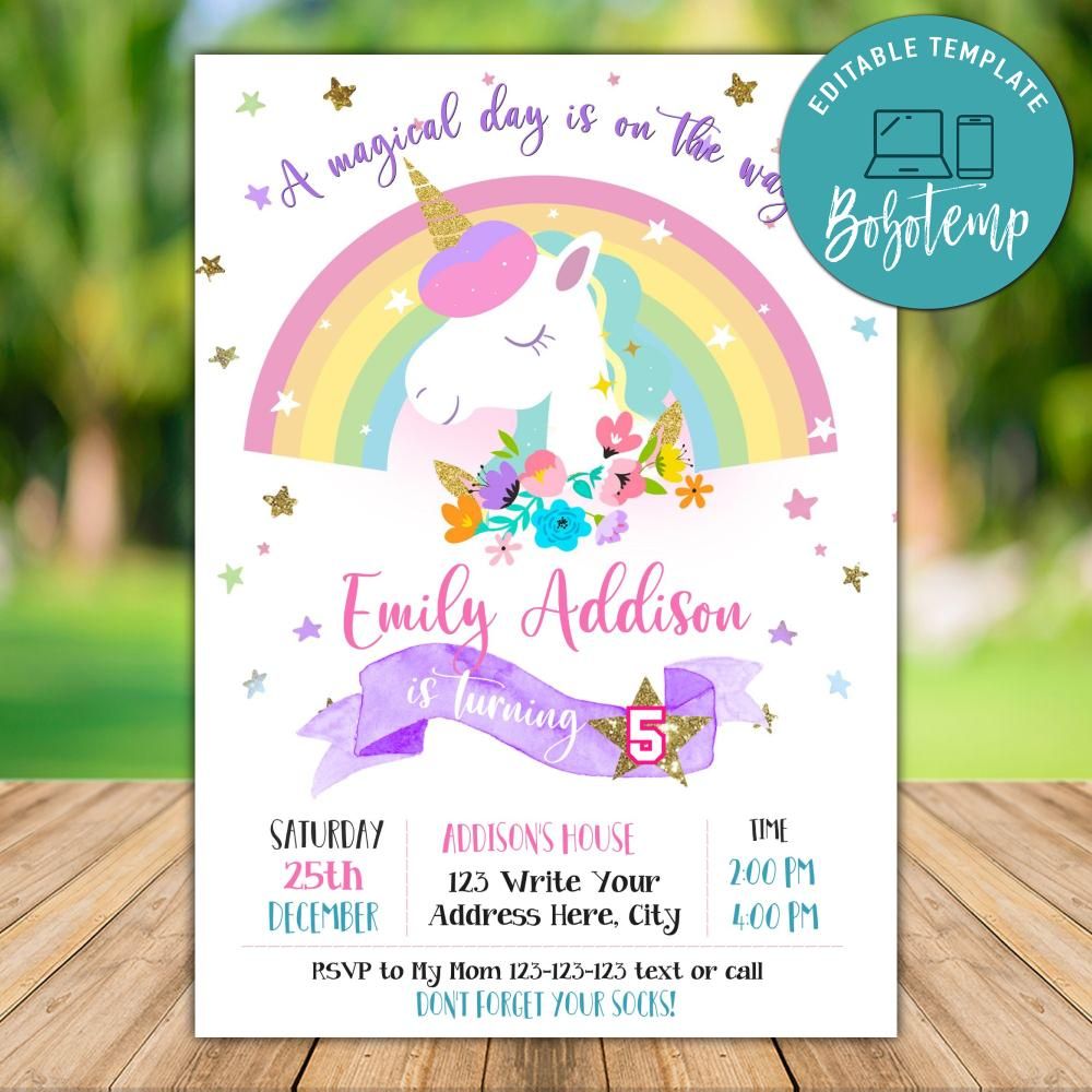 Printable Rainbow Unicorn 5th Birthday Invitation DIY | Bobotemp