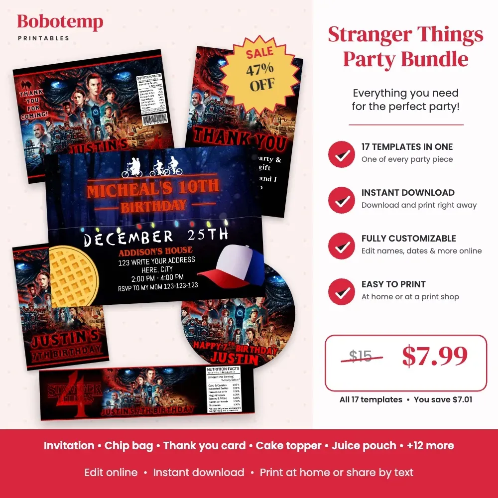 Stranger Things Party Bundle – 17 Editable Templates | Bobotemp Shop