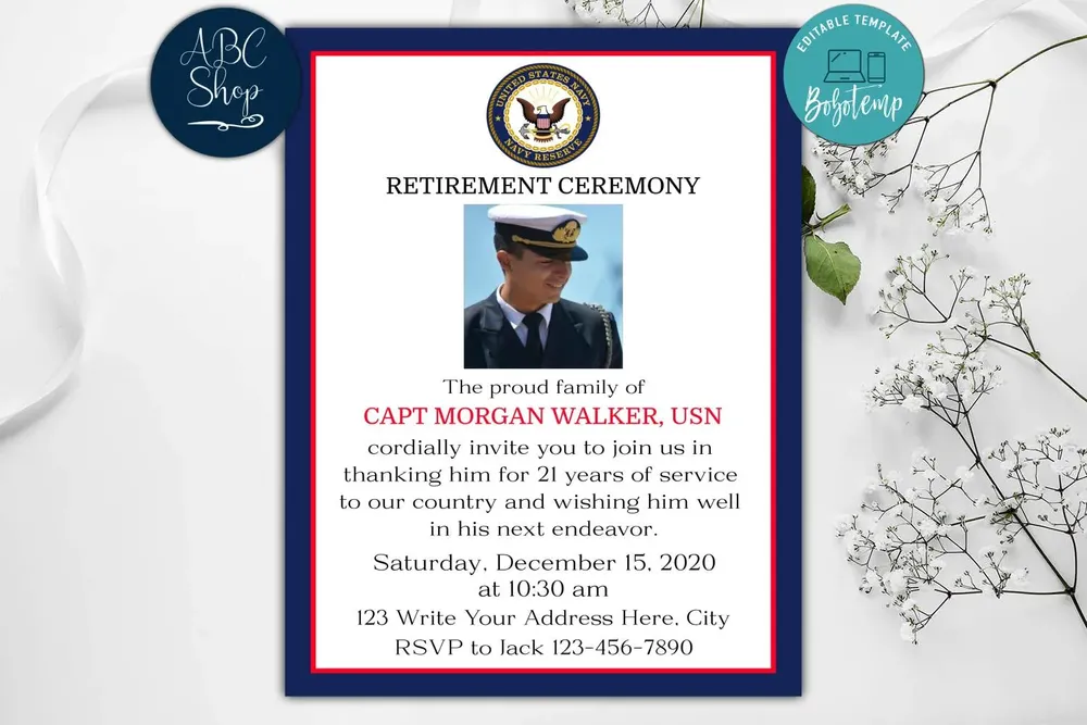 Editable Navy Retirement Invitations Instant Download | Bobotemp