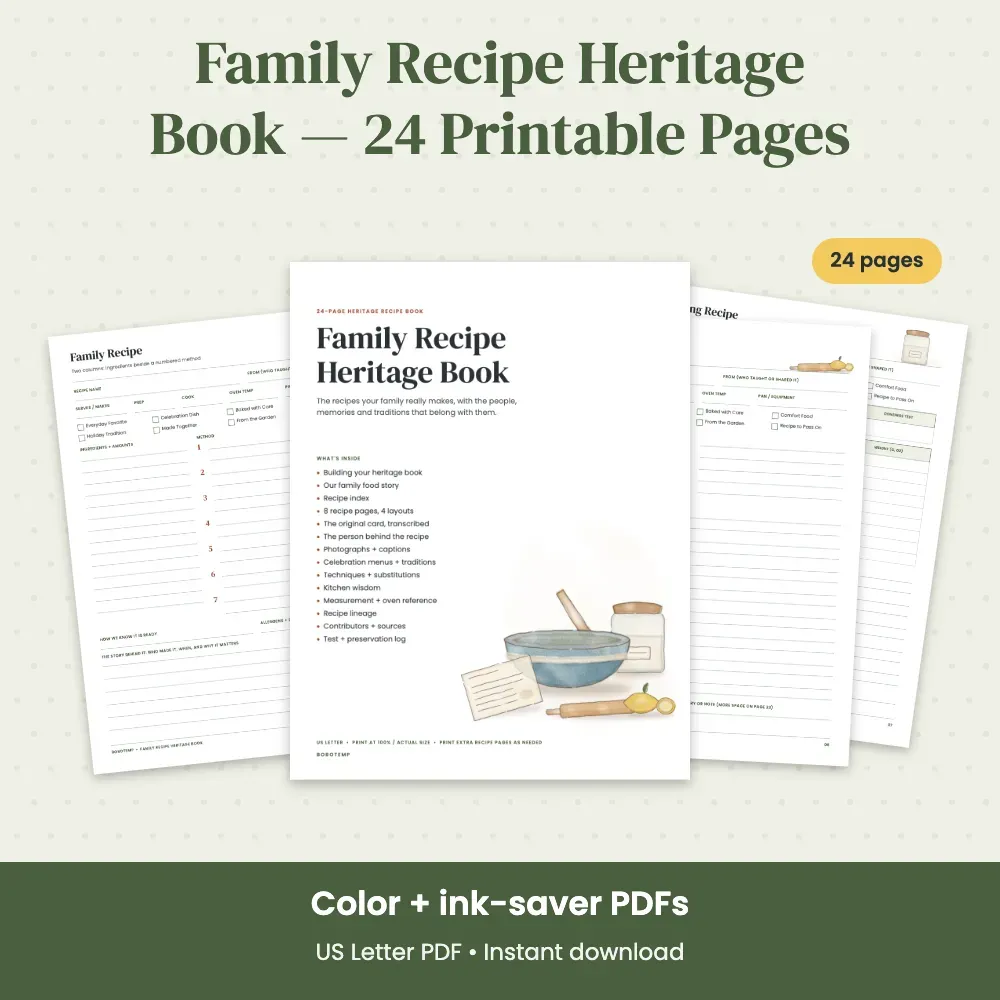 Family Recipe Heritage Book — 24 Printable Pages | Bobotemp