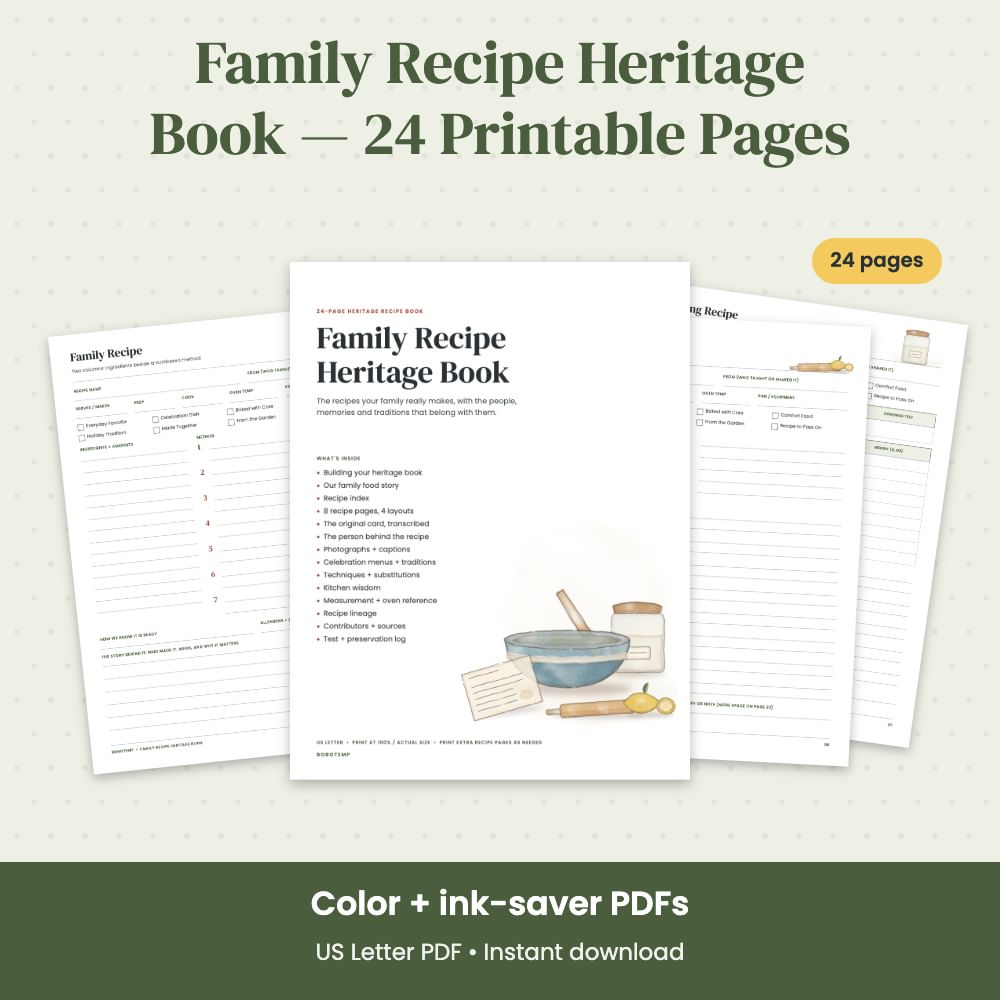 Family Recipe Heritage Book — 24 Printable Pages | Bobotemp