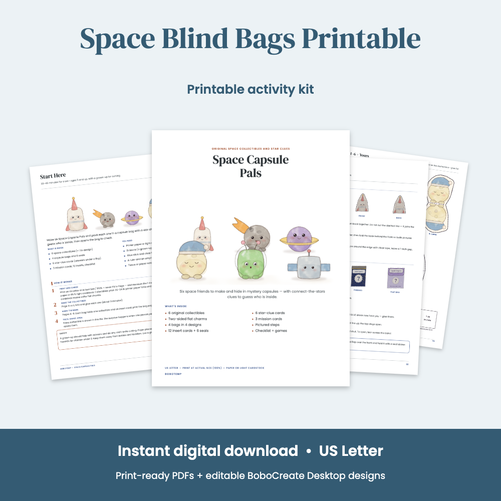 Preview of Space Blind Bags Printable — Space Capsule Pals with Star-Clue Guessing Game
