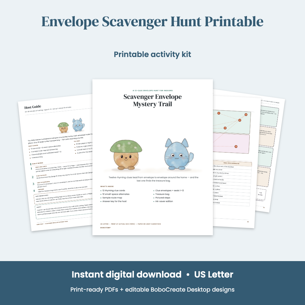 Preview of Envelope Scavenger Hunt Printable — 12 Rhyming Clue Envelopes, Treasure Bag & Answer Key