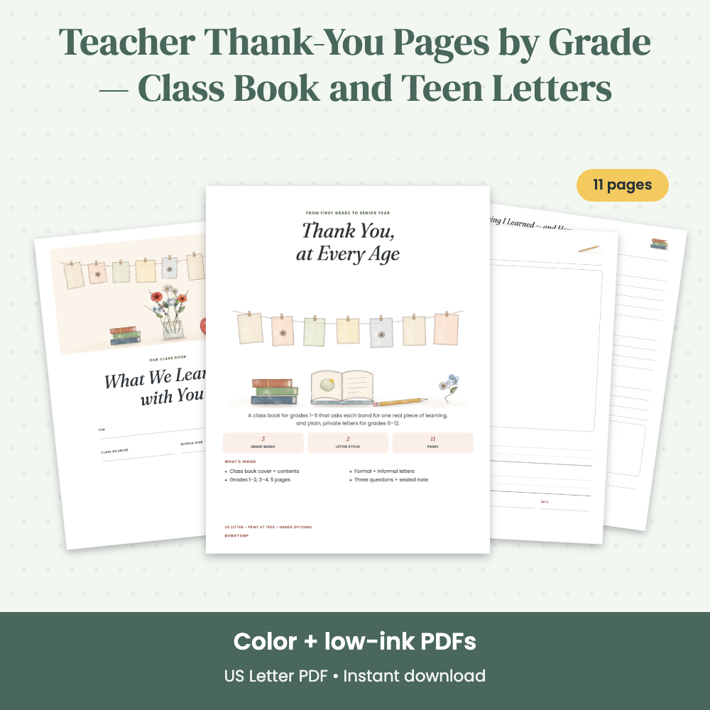 Preview of Teacher Thank-You Pages by Grade — Class Book and Teen Letters