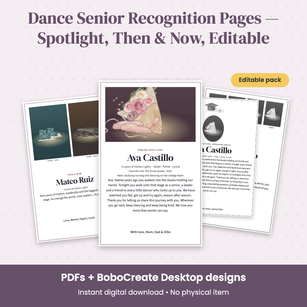 Preview of Dance Senior Recognition Pages — Spotlight, Then & Now, Editable