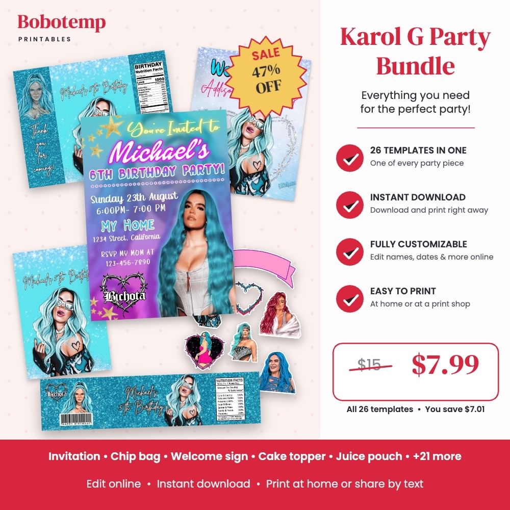 Karol G Party Bundle – 26 Editable Templates | Bobotemp Shop