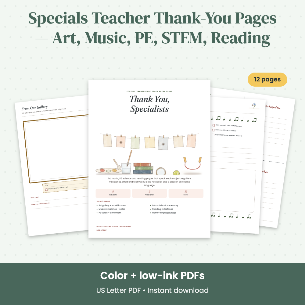 Preview of Specials Teacher Thank-You Pages — Art, Music, PE, STEM, Reading