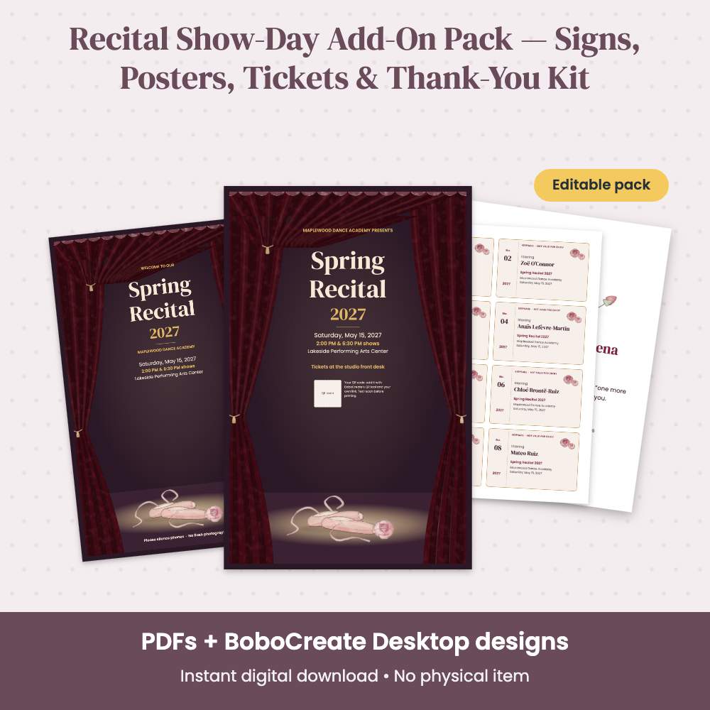 Preview of Recital Show-Day Add-On Pack — Signs, Posters, Tickets & Thank-You Kit