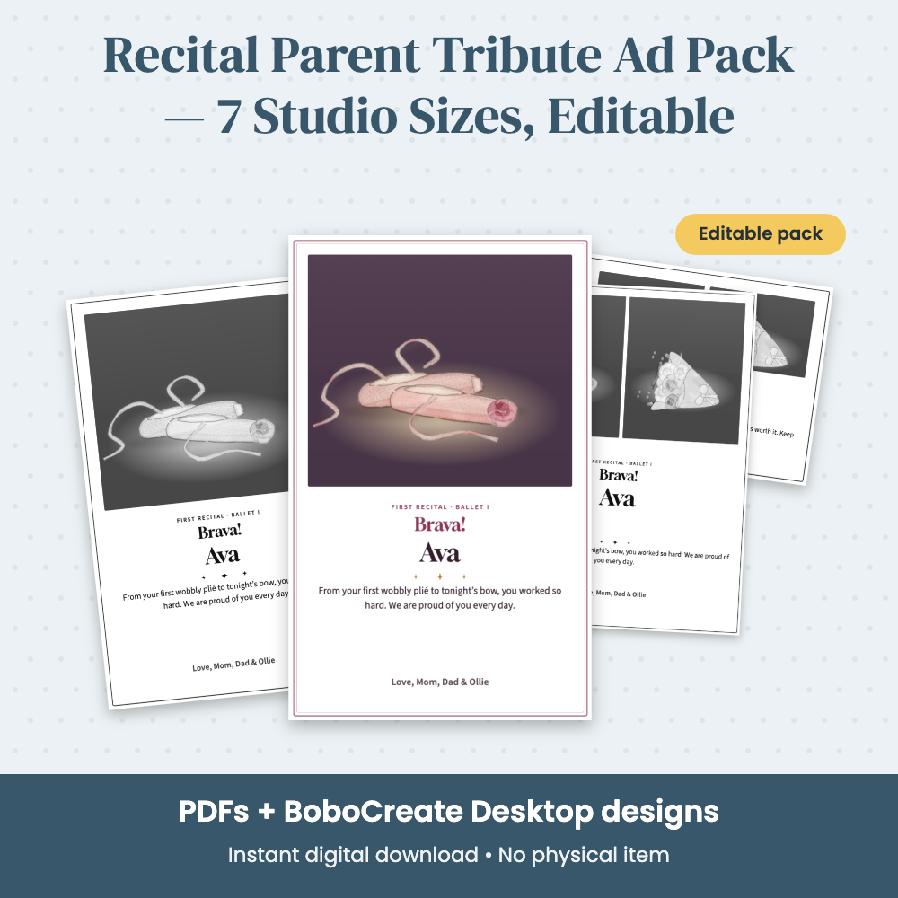 Preview of Recital Parent Tribute Ad Pack — 7 Studio Sizes, Editable