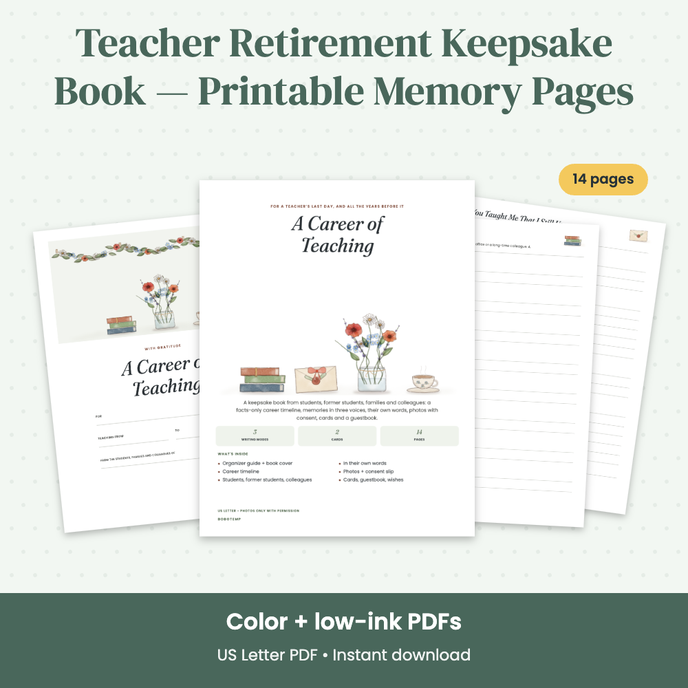 Preview of Teacher Retirement Keepsake Book — Printable Memory Pages