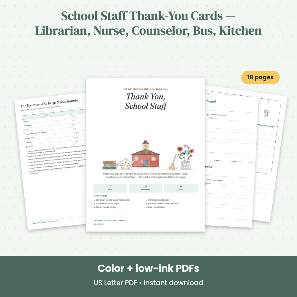 Preview of School Staff Thank-You Cards — Librarian, Nurse, Counselor, Bus, Kitchen