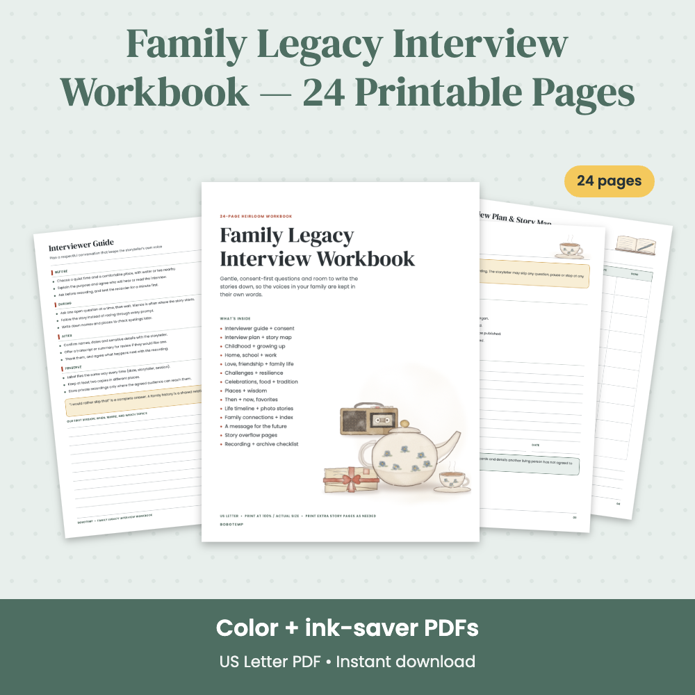 Preview of Family Legacy Interview Workbook — 24 Printable Pages