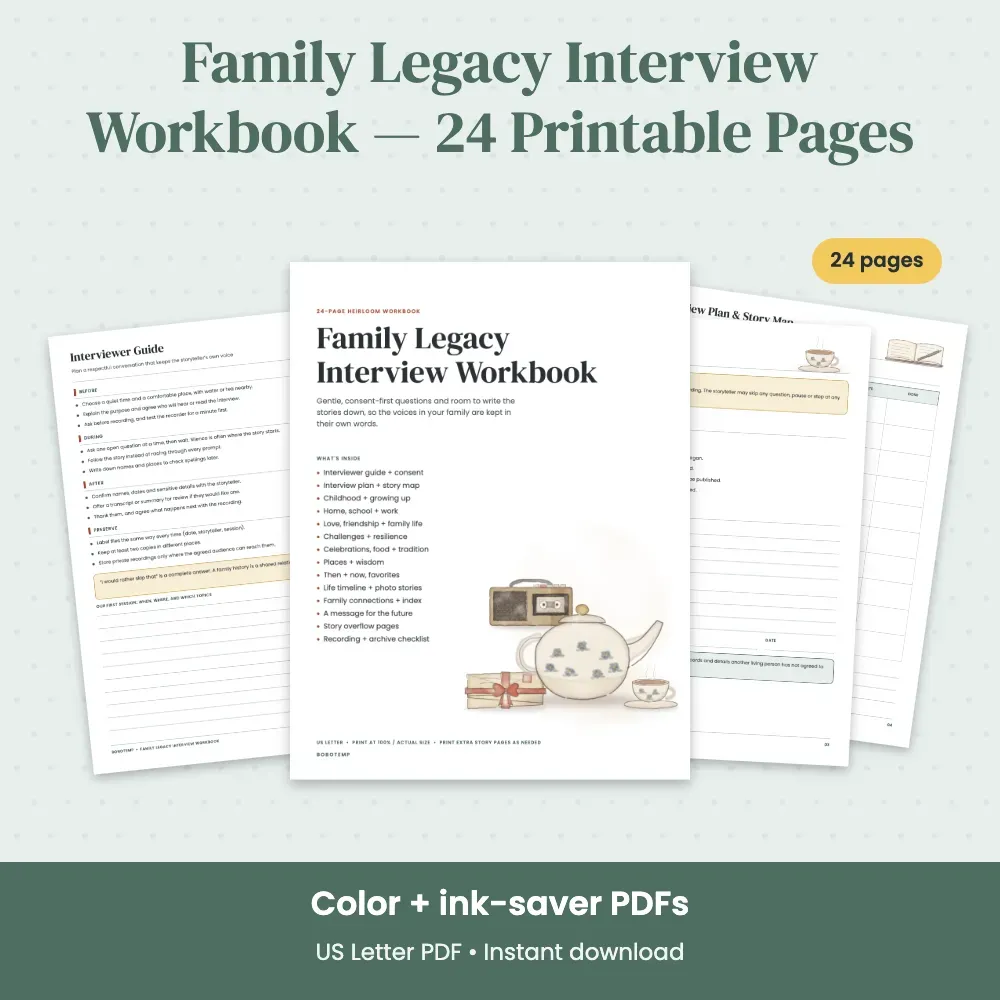 Family Legacy Interview Workbook — 24 Printable Pages | Bobotemp