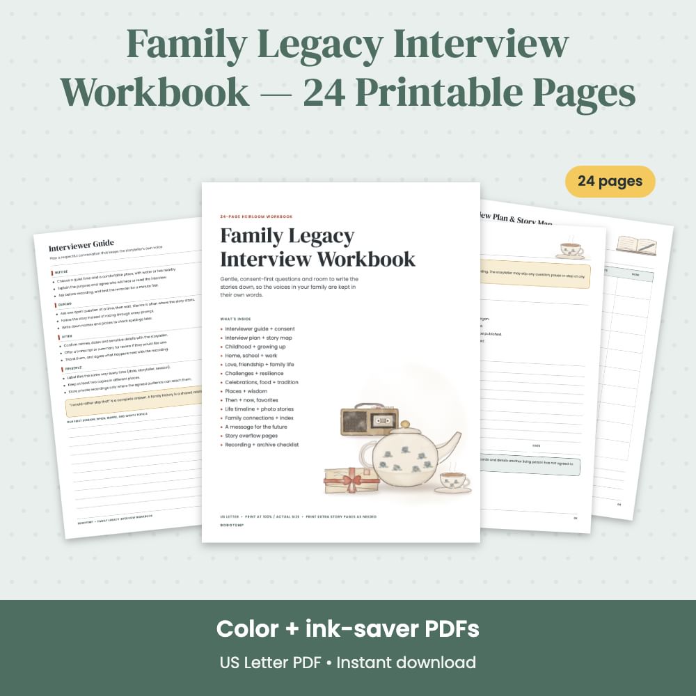 Family Legacy Interview Workbook — 24 Printable Pages | Bobotemp