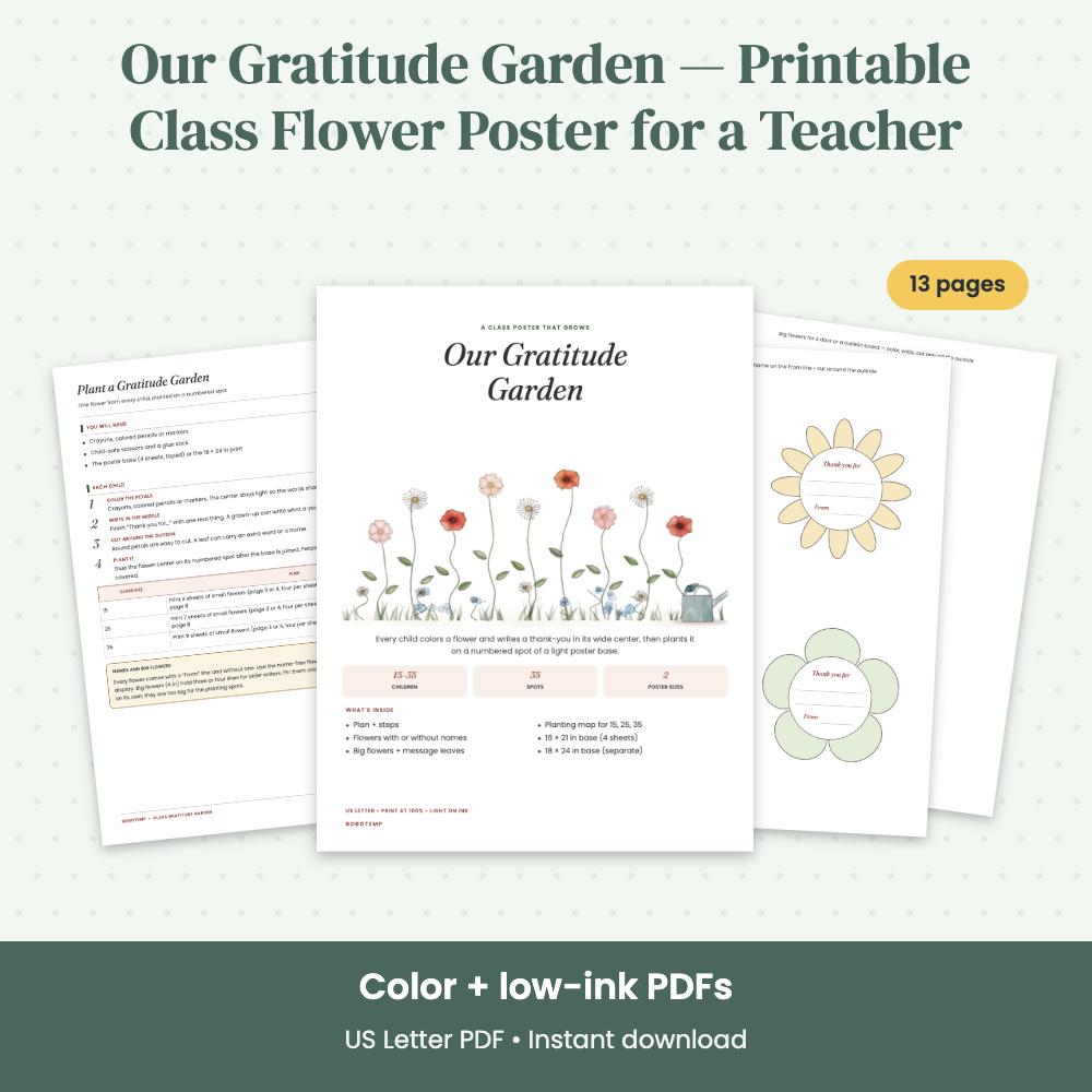 Preview of Our Gratitude Garden — Printable Class Flower Poster for a Teacher