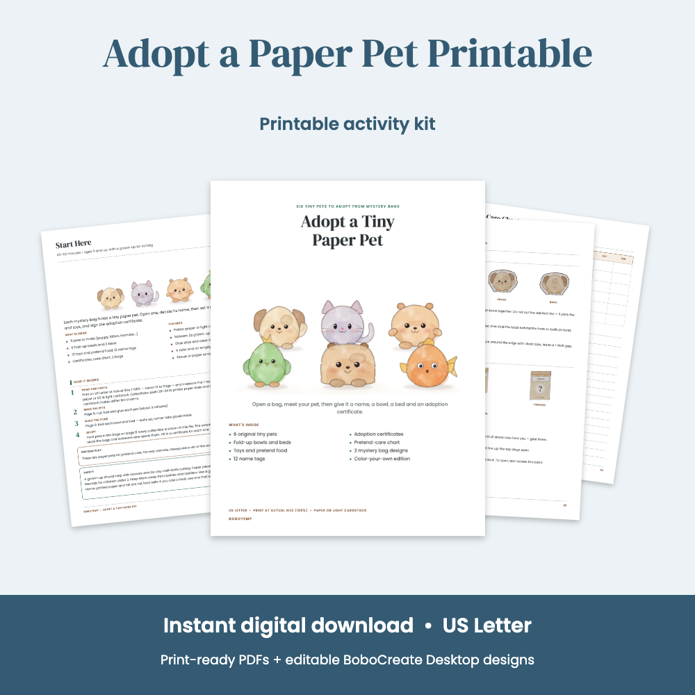 Preview of Adopt a Paper Pet Printable — Tiny Pets in Mystery Bags with Bowls, Beds & Certificates