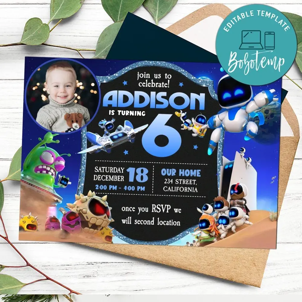 Astro bot Birthday Invitation with Photo Customizable | Bobotemp