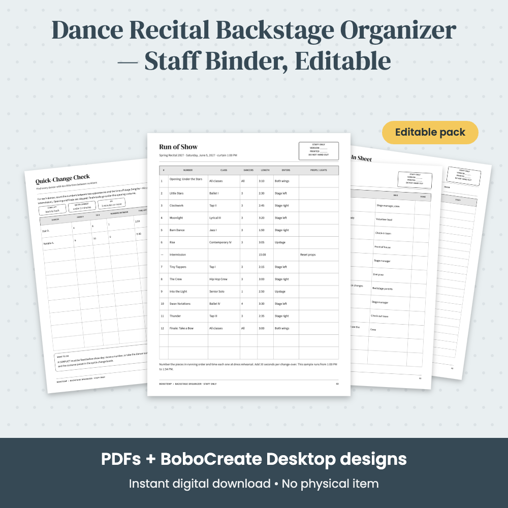 Preview of Dance Recital Backstage Organizer — Staff Binder, Editable