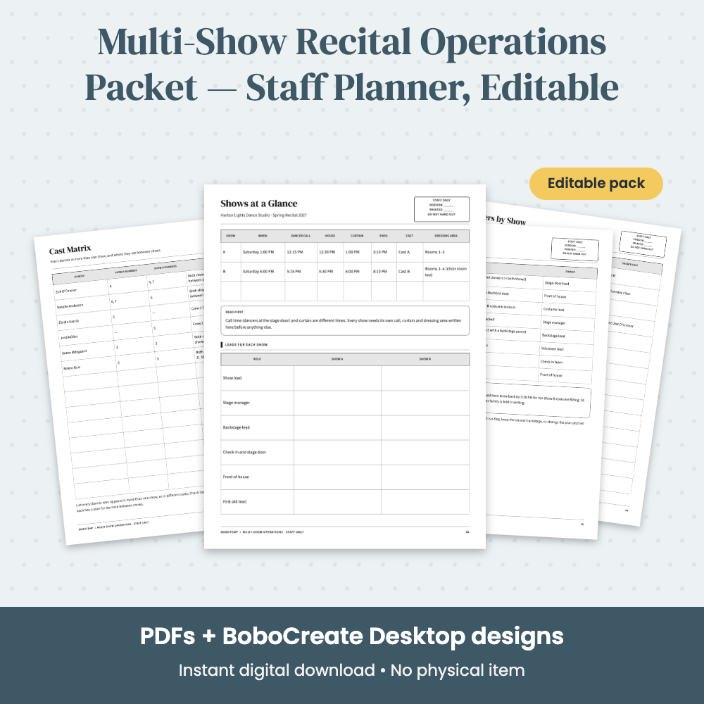 Preview of Multi-Show Recital Operations Packet — Staff Planner, Editable