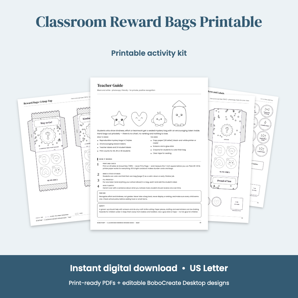 Preview of Classroom Reward Bags Printable — Black & White Kindness Reward Bags + 24 Tokens