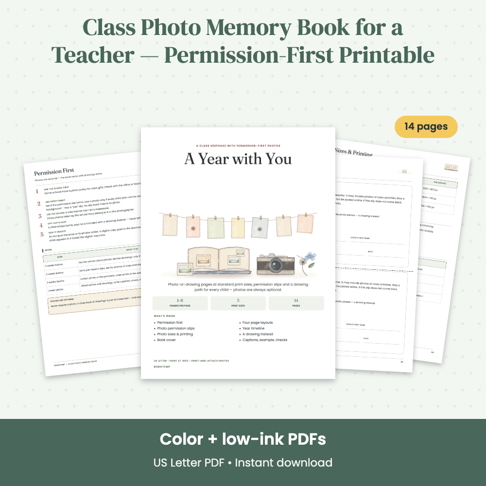Preview of Class Photo Memory Book for a Teacher — Permission-First Printable