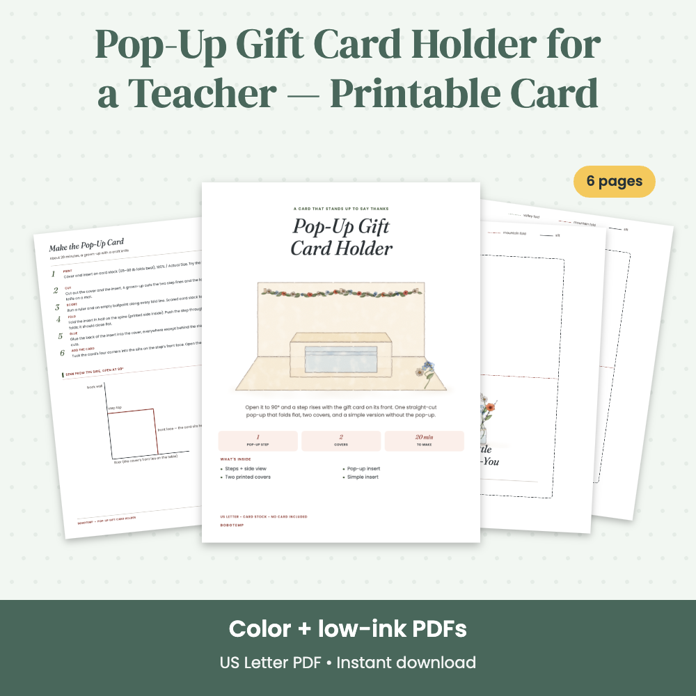 Preview of Pop-Up Gift Card Holder for a Teacher — Printable Card