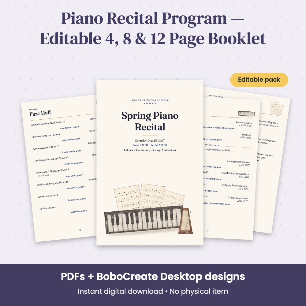 Preview of Piano Recital Program — Editable 4, 8 & 12 Page Booklet