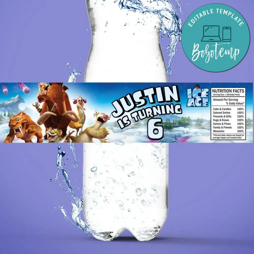 Ice Age Birthday Water Bottle Label Template | Bobotemp