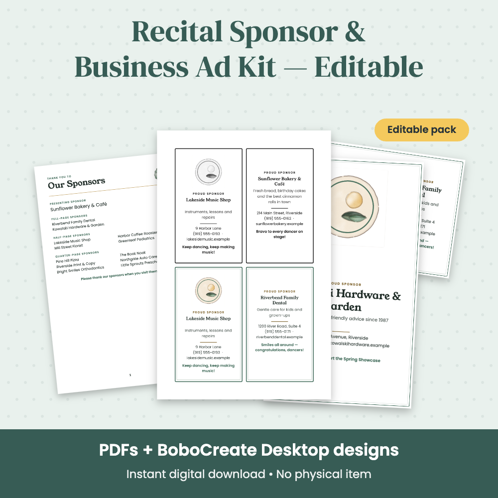 Preview of Recital Sponsor & Business Ad Kit — Editable