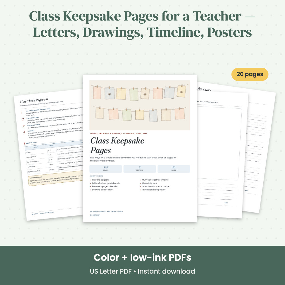 Preview of Class Keepsake Pages for a Teacher — Letters, Drawings, Timeline, Posters