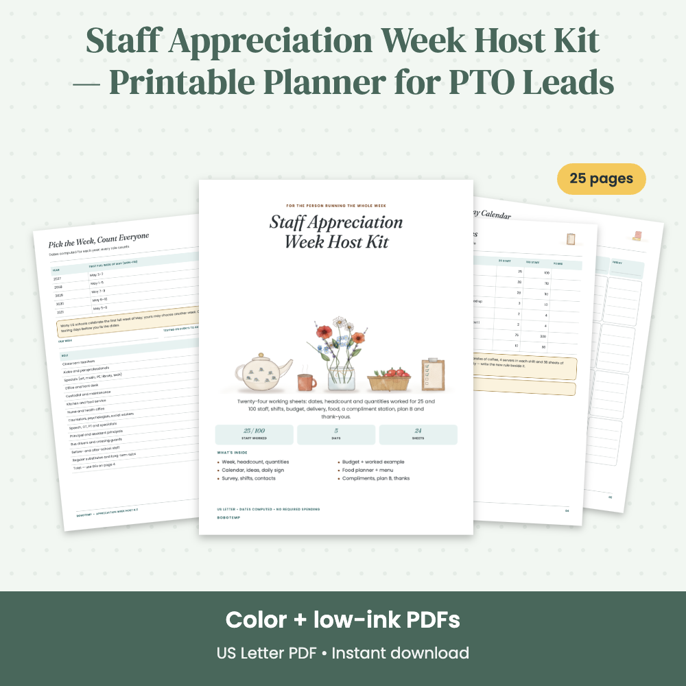 Preview of Staff Appreciation Week Host Kit — Printable Planner for PTO Leads