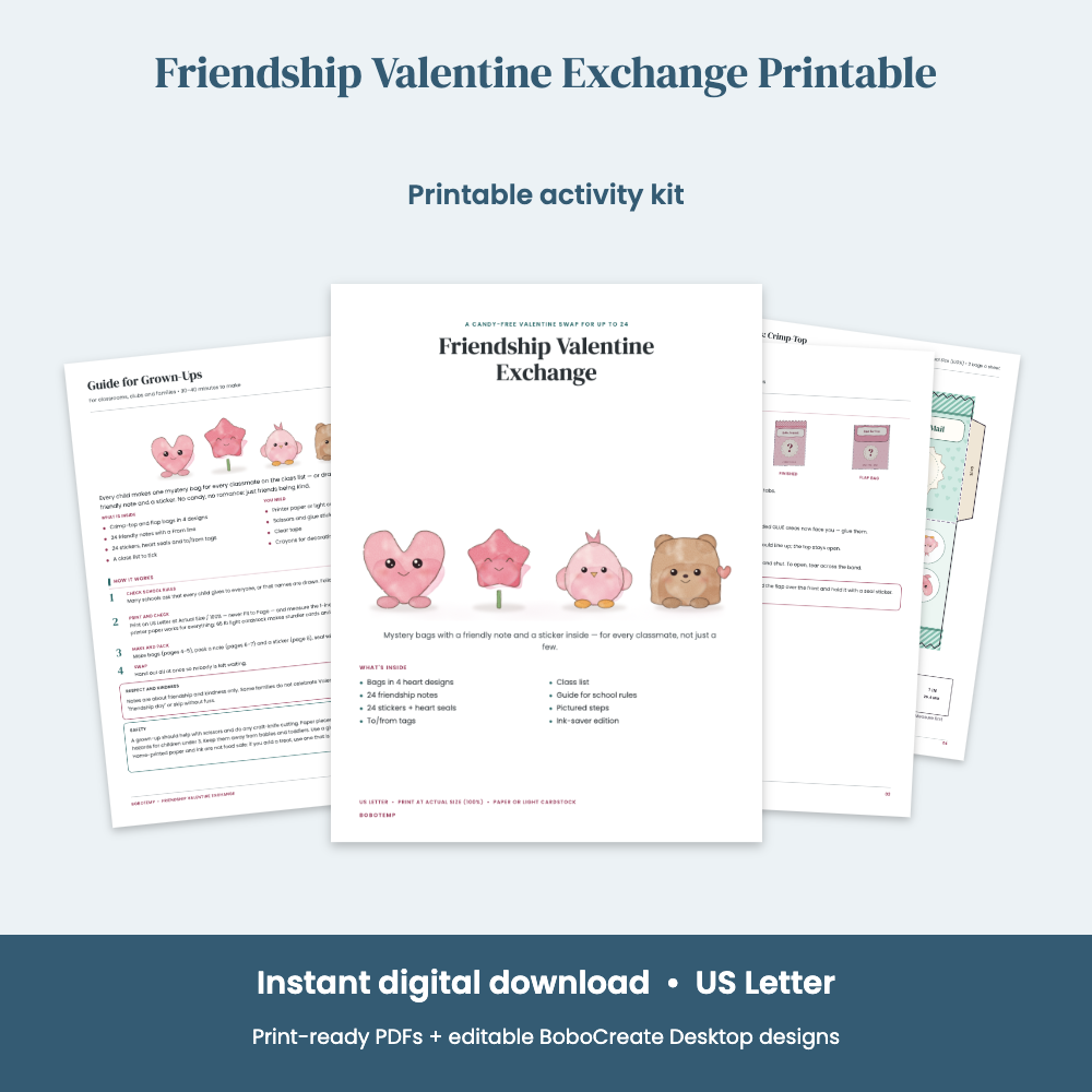 Preview of Friendship Valentine Exchange Printable — Candy-Free Class Valentines, Heart Bags & Notes